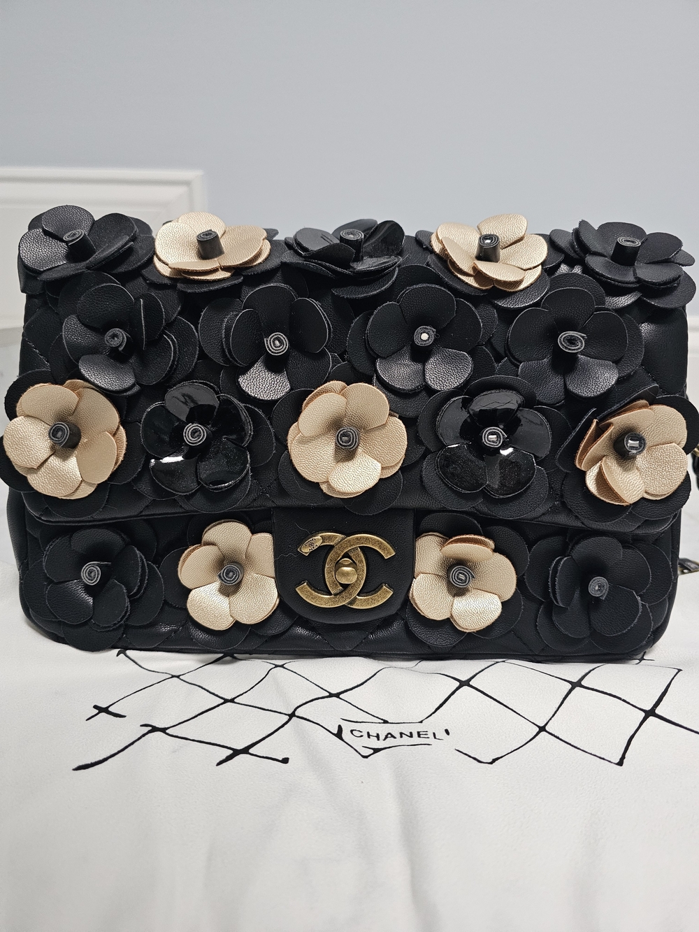 Black & Gold Camellia Embellished Flap Bag